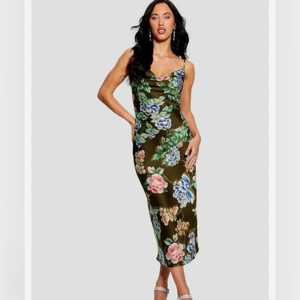 New Guess Satin Maxi Slip Dress Green Floral Small